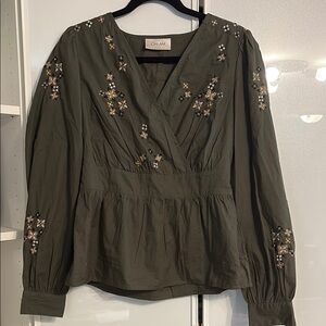 Embroided Green Peplum Blouse with Wrap Design and Long Sleeves